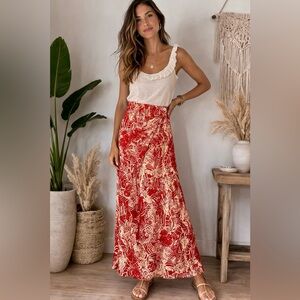 Nygard Collection 100% Silk Wrap Maxi Skirt Red Cream Print Size 8